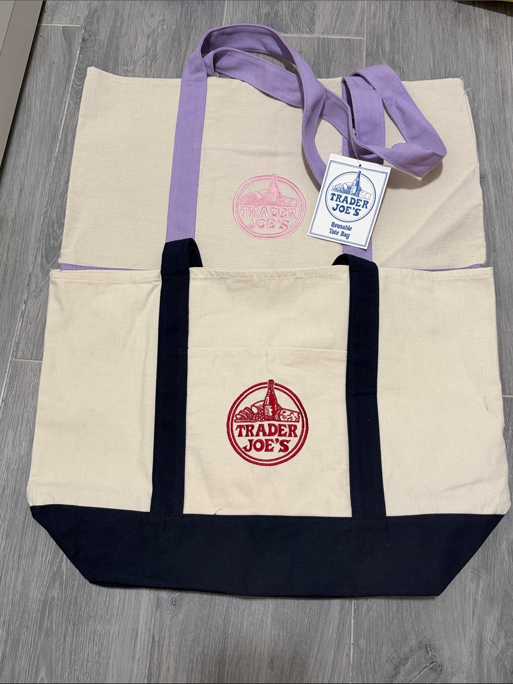 2 Trader Joe’s large Canvas Tote Bag - Cream with Black & Lavender Accents